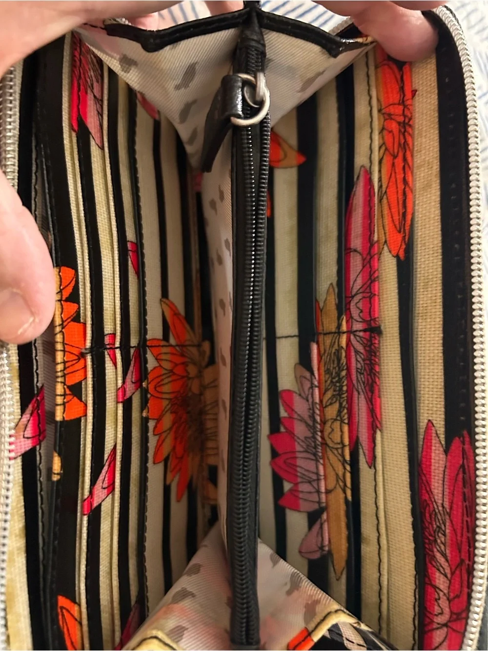 Sakroots Black-White Stripe Wallet with Pink Floral Accents